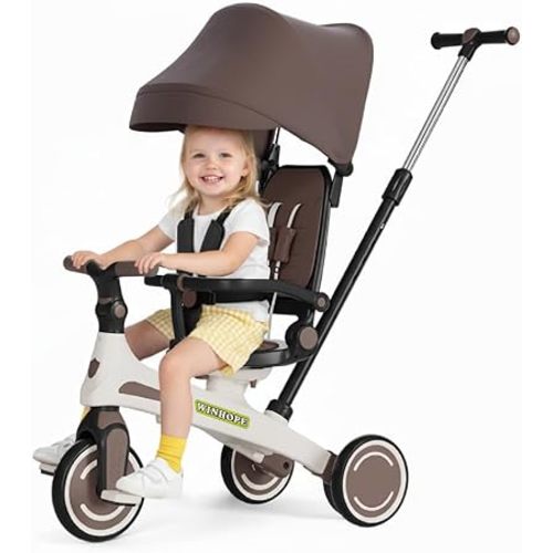 Winhope Kids Tricycle, 5 in 1 Baby's Tricycle Toddler Trike with Adjustable Push Handle, Reversible Seat and Canopy, Baby Stroller for 1-6 Year Olds, Suitable for Outdoor Activities(Coffee)