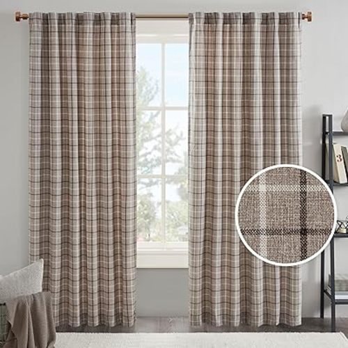 Madison Park Anaheim Cabin Plaid Curtain Window, Thermal Insulated Fleece Lining, Living Room Decor Room Darkening Drape for Bedroom, 1-Single Panel Pack, 50" x 84", Rod Pocket, Brown