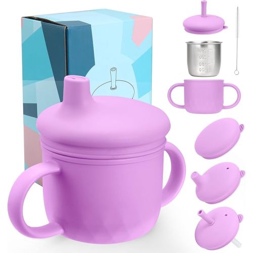 Mity rain 3-In-1 Stainless Steel Sippy Cup for 6+ Month Old, Baby Straw Cups for Toddlers 1-3 with Travel Lid, Silicone Straw, Replacement Straw & Cleaning Brush - 8oz Toddler Cups Spill Proof Set