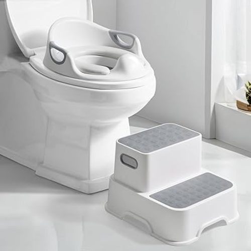 DEANIC Potty Training Seat with Step Stool for Toddlers, 2 in 1 Baby Toilet Seat with Splash Guard, Kids Seat with 2 Cushions, 1 Brush, Hook (Grey)