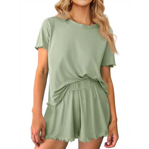 MOSHU Womens Pajamas Sets Ribbed Knits Tops and Elasticated Waist Shorts with Pocket Ruffle Edge Lounge Sets