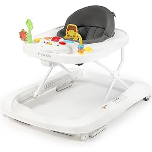 Kinder King 3 in 1 Folding Baby Walker, Activity Walker for Boys Girls, Learning-Seated, Toddler Walk-Behind w/Music Toys, Adjustable Height & Speed, Safety Bumper, Infant Walker Anti-Rollover, Grey