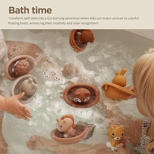 Nueplay Bathtub Toys for Toddlers Age 1-3, Stackable Boats and Animal Finger Puppets Set for Bath Time Play (6 Boats + 6 Puppets, 12 Pcs)