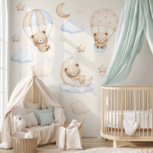 Teddy Bears on Blue Parachutes Wall Decals