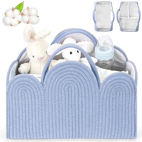 Baby Diaper Caddy Organizer, Cotton Rope Diaper Caddy Basket-Removable Organizer , Cloud Shape Storage Basket for Newborn Diapers and Baby Wipes, Gift for Baby Shower List, Newborn Essentials-Blue