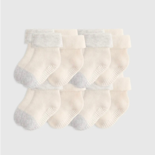 Organic Cotton Gripper Fold Over Socks 8-Pack - Baby in White/Grey