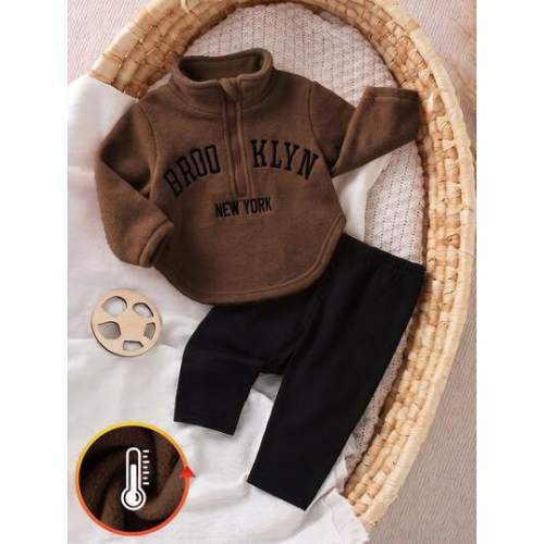 SHEIN 2pcs Newborn Baby Boy Sweatshirt Pants Cute Sweet Brown Black Letter Fuzzy Long Sleeve Half Zip Thick Vacation Fall Back To School Fall Outfits Sporty | SHEIN USA