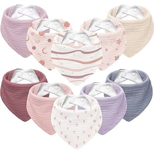 Susurration Muslin Baby Bibs 10Pack Bandana Drool Bibs Soft Adjustable Newborn for Unisex Girls & Boys (Pink Stars)