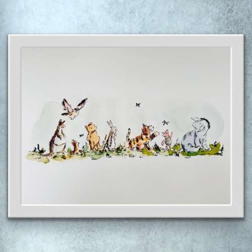 Winnie The Pooh Eeyore Piglet Tigger Owl Bunny Watercolour Print, Line Up Winnie Pooh Characters Walking, Classic Winnie Pooh Watercolor Art