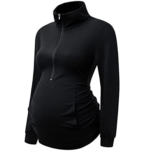 DEBELLY Maternity Shirt with Pocket Women's Lapel Top Casual Pregnancy Long Sleeve Zipper Hoodie