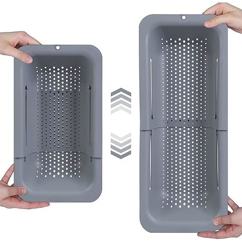 BLUE GINKGO Over the Sink Colander Strainer Basket - Wash Vegetables and Fruits, Drain Cooked Pasta and Dry Dishes - Extendable - New Home Kitchen Essentials (7.9W x 14-19L x 2.75H) - Gray