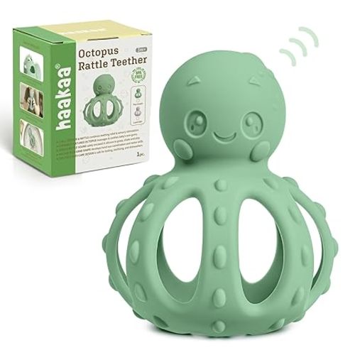 haakaa 2-in-1 Baby Teething Toy,Octopus Teether with Gentle Rattle,Soft Textured Teether for Sore Gums,Easy to Grasp Sensory Toy for Babies 3M+,Pea Green