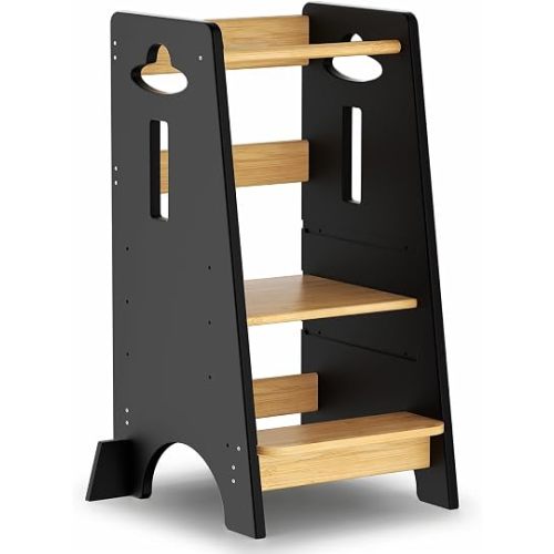 COSYLAND Learning Tower for Children - Wooden Learning Tower for Babies from 1 to 6 Years - Height Adjustable in 3 Levels - 80CM - Classic and Natural Black