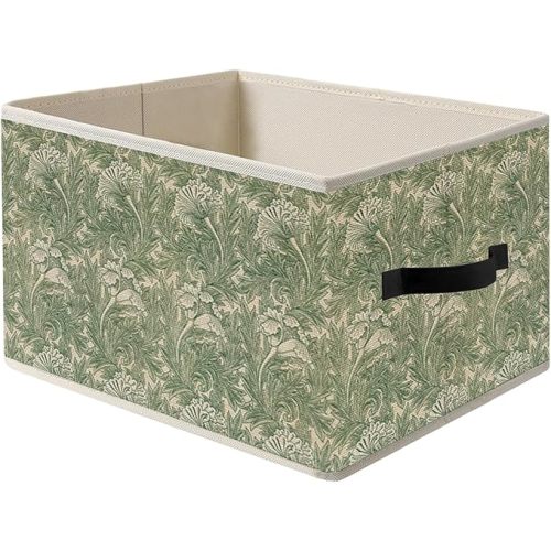 Vintage Dark Green Floral Plant Storage Bin Box with Handles, Cottagecore Flower Botanical Foldable Organizer Basket Toybox for Girls Room Bedroom Bathroom Clothes Toys Books