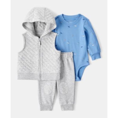 Baby Boys Quilted Vest, Helicopter-Print Long-Sleeve Bodysuit & Jogger Pants, 3 Piece Set