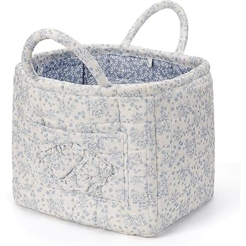 Floral Fabric Storage Basket Car Interior Storage Basket Underwear Sundries Laundry Baskets Supplies Home Organizer Bag (Blue)