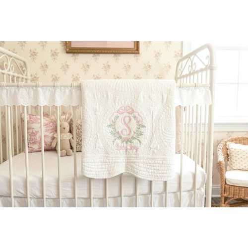 Baby Girl Heirloom Quilt, Personalized Floral Crest Embroidered Blanket, Custom Name or Monogram, Keepsake Baby Gift, Nursery Decor