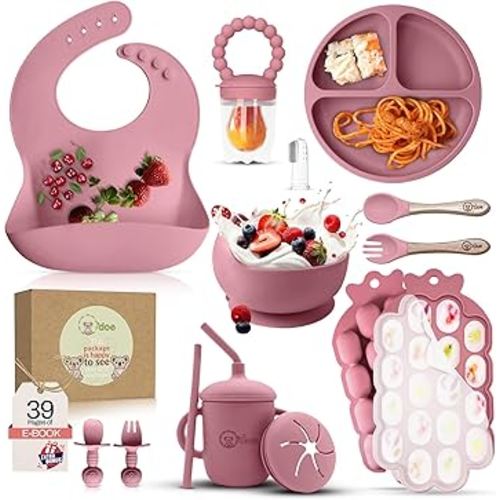 O'doe Baby Weaning Set – 15 Pcs Silicone Baby Feeding Set with Suction Plate, Bowl, Bib, Sippy Cup, Fruit Feeder, Freezer Tray