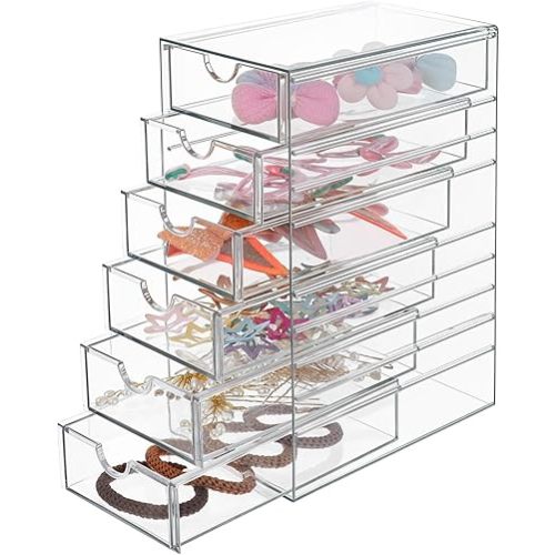 Hair Accessories Organizer, Clear Hair Organizer Storage Box with 6 Drawers Hair Tie Holder Container Storage Organization for Bathroom Closet Desk Office (6 Drawer)
