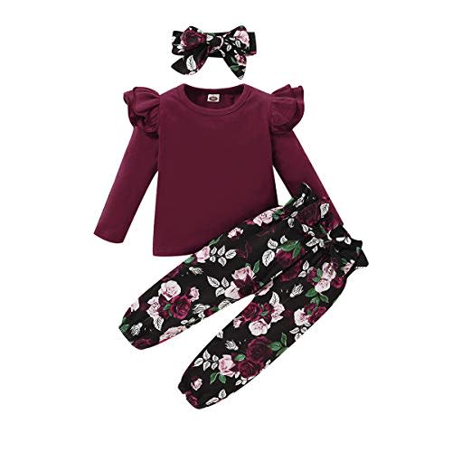 YALLET 3Pcs Toddler Girl Clothes Solid Color Long Sleeves Ruffle Top+Floral Pants+Headband 1-6 Years Fall/Winter Outfits Set