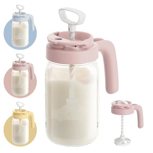 Papablic Glass Breastmilk Pitcher, Fast Baby Formula Maker with Mixing Handle Lid, Wide Mouth Mason Jar Breast Milk Storage Container with Flip-Lock Spout, BPA-Free, Pink.