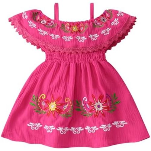 Mexican Dress for Baby Girls Traditional Cinco de Mayo Fiesta Dress Off-Shoulder Floral Embroidered Dress
