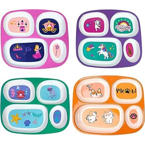 4E's Novelty 4 Melamine Dinner Plate for Kids Girls, Plastic Mealtime Divided Plates, Dinnerware Dishes Set For Toddlers Picky Eaters, BPA Free, Princess, Unicorn, Sea Life, Cat