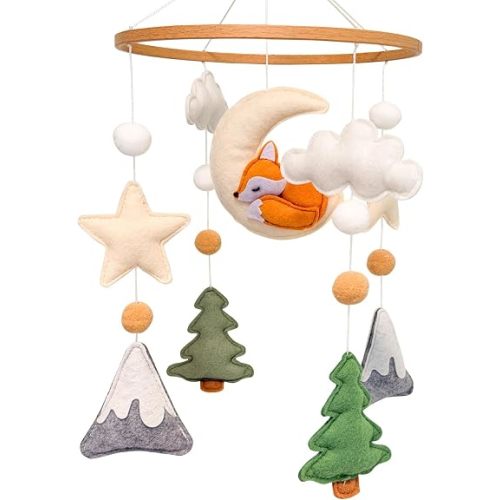 Woodland Animals Baby Crib Mobile, Handmade Felt Fox Mobile for Crib, Nursery Decor for Boys & Girls, Neutral Baby Shower Gift, with Fox, Trees, Mountains, Moon & Stars
