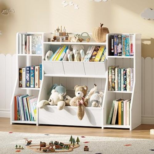 FOUCSSOMEI Kids Bookshelf and Toy Storage Organizer with Large Toy Box