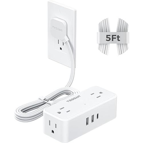 TESSAN 5 FT White Extension Cord, 900J Surge Protector Small Power Strip with 3 USB Ports (1 USB C), Flat Plug Power Strip, Mini Charging Station Suitable for Home Office Dorm
