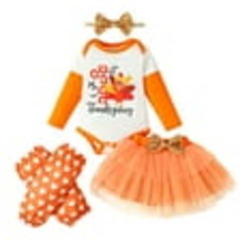 Kucnuzki Newborn Baby Girl Outfits Long Sleeves Romper Top Tulle Mini Skirt with Headband and Socks 4pcs Sets Thanksgiving Orange 0-3 Months