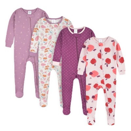 Gerber Baby Girls' 4-Pack Snug Fit Footed Cotton Pajamas, Apple & Woodland Floral, 0-3 Months
