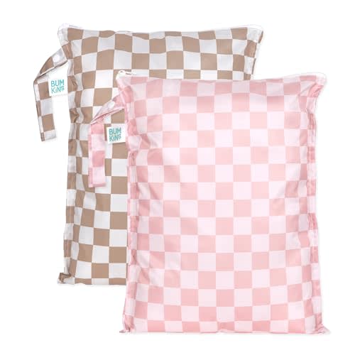 Bumkins - Larger Waterproof Wet Bag - For Baby, Travel, Swim Suit, Cloth Diapers, Pump Parts, Pool, Gym, Toiletry, Strap to Stroller - Reusable & Easy to Clean - 2pk - Beige & Pink Check