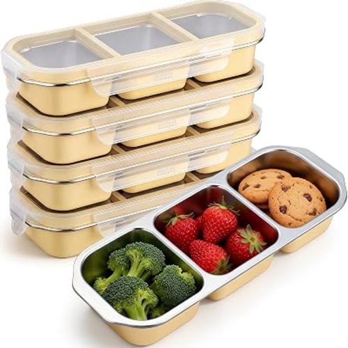 Stainless Steel Snack Container for Adults 3-compartment Leak-proof Lunch Box for Work, Travel 10.6 x 4.1 x 2 Inch Stackable Reusable Metal Bento Box
