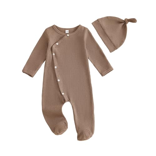 Kuriozud Newborn Baby Boy Going Home Outfit Kimono Romper with Mitten Cuffs | Kimono Footed Romper Jumpsuit with Mitten Cuffs Beanie Hat, Snap Closure, for Hospital, Coming Home, Shower Gift, Photoshoot