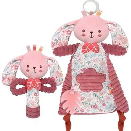 GKDOMS Baby Lovey Rabbit Stuffed Animal for Infant Boys and Girls, Security Blanket and Hand Shaker Set Newborn Stuffed Hanging Animal Plush Snuggle Toy Baby Showers Thank You Gifts