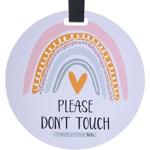 THREE LITTLE TOTS – Rainbow Stop No Touching Baby Car Seat Sign or Stroller Tag - CPSIA Safety Tested