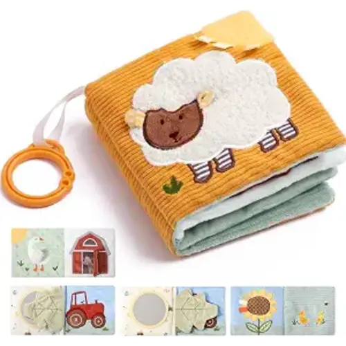 let's make Soft Baby Book for 0-12 Months, Crinkle Sensory Cloth Book with Teether, Mirror, Squeaker and C Clip, Farm Story Tummy Time Stroller Toy