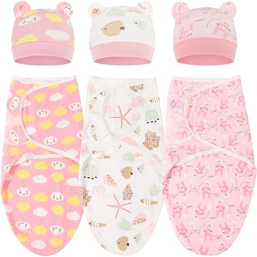 DRESHOW Ensemble de 3 sacs d’emmaillotage pour bébé avec couverture d’emmaillotage pour nouveau-né, sac à emmailloter avec oreilles d’ours et bonnet pour bébé garçon et fille