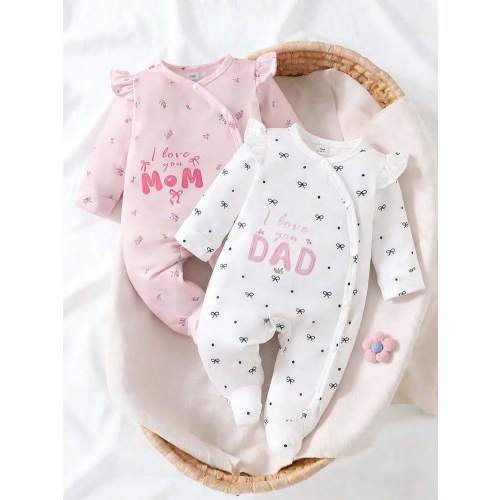 2pcs/Set Newborn Baby Ditsy Floral Snap-Up Romper & Pants, White & Pink Combo, Ruffled, Cute & Stylish, Soft & Comfortable, Suitable For All Seasons | SHEIN USA