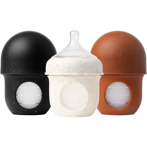 Boon Nursh Reusable Silicone Pouch Baby Bottles - Slow Flow Nipple - Silicone Baby Bottle Pouch and Nipple - Baby Feeding Essentials - Speckle - 0-3 Months - 3 Count - 4 Ounce