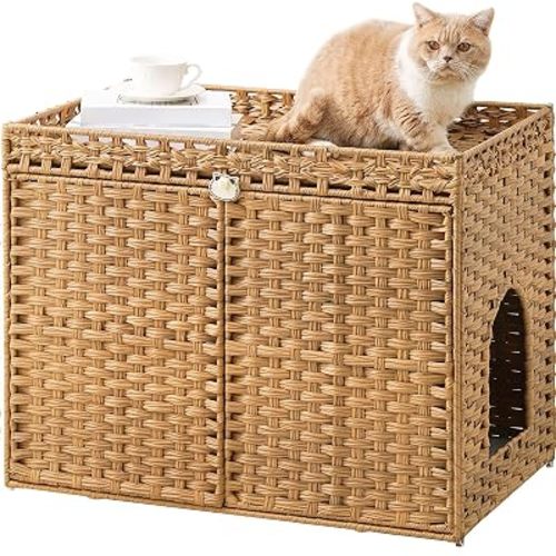 SETVSON Cat Litter Box Enclosure, Extra Large Hidden PE Rattan Natural