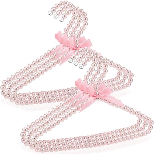 Threan Pink 2 Pcs Pearl Beaded Clothes Hanger Mini Pearl Beads Small Metal Clothes Hangers with Ribbon Standard for Kids Baby Children Pet Dog