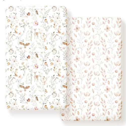 GRSSDER Stretch Ultra Soft Jersey Knit Fitted Crib Sheets Set 2 Pack,Fit All Standard Crib Mattress Pads Safe and Snug, Crib Fitted Sheet for Girls, Beautiful Blush Pink Floral and Cute Animals Print