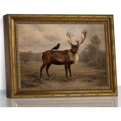 Vintage Stag Deer Wall Art, Gold Framed Wildlife Canvas Decor, 12x16in | Ornate gold frame with stag deer and black bird artwork, nice farmhouse cabin decor for bedroom, living room and office