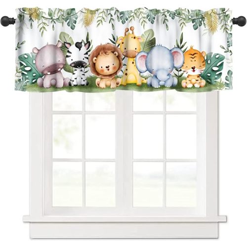 Jungle Safari Animals Kids Valance Curtain Cartoon Animals Lion Giraffe Elephant Woodland Tropical Leaf Green Window Treatment Valances Curtains for Boys Living Room Bedroom Nursery 54x18In 1P
