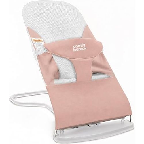 ComfyBumpy Baby Bouncer Seat, 100% Organic Cotton Fabric & Breathable Mesh, 3-Position Foldable Portable Infant Bouncer with Carry Case (8-20lbs Babies) Pink