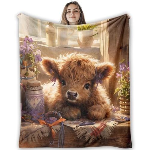 Highland Cow Fleece Throw Blanket 50×60 in, Cozy Farmhouse Blanket for Couch & Bedroom, Gift for Women & Kids