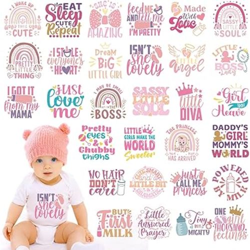 Dazoratix Baby Iron on Transfers - 30 Pcs Pink Ready to Press Heat Transfer Vinyl Stickers Onesie Decorating Kit Bodysuit Patches for Girl Shower Gender Reveal Party T-Shirts Hat DIY Crafts