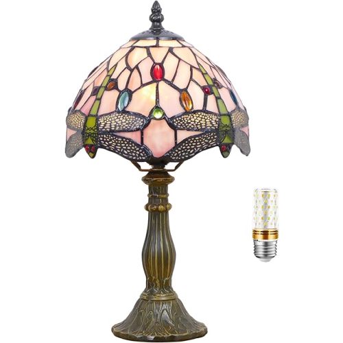 Small Tiffany Lamp Mini Stained Glass Table Lamp Bedside Accent Lamp Memory Sympathy 8X14.5 Inch (Pink Dragonfly)